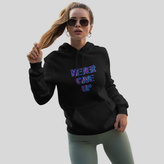 Stay Motivated with the "Never Give Up" Printed Black Hoodie for Women