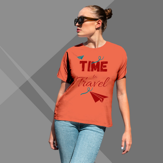 Time to Travel Printed Women's Orange T-Shirt - Travel T-Shirt for Women