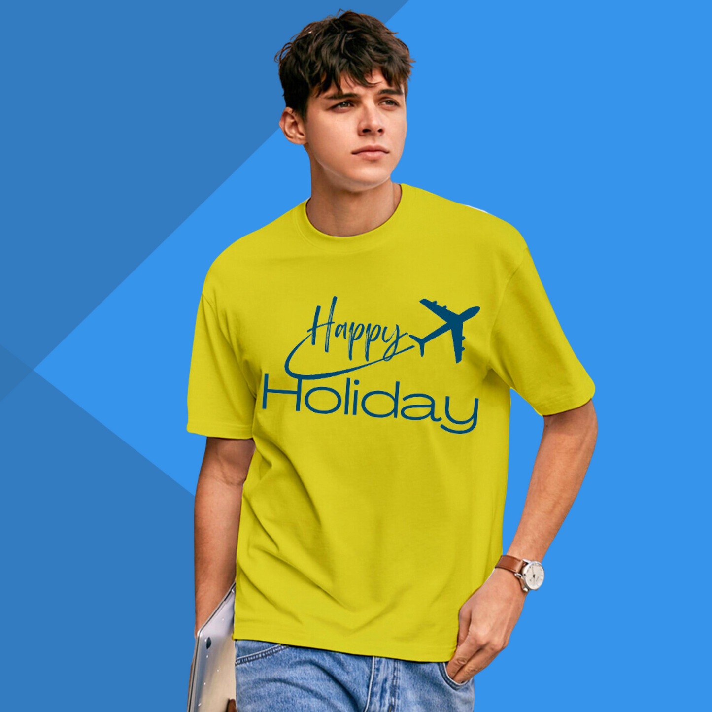 Happy Holiday Printed Men's Yellow T-Shirt - Travel T-Shirt for Men's