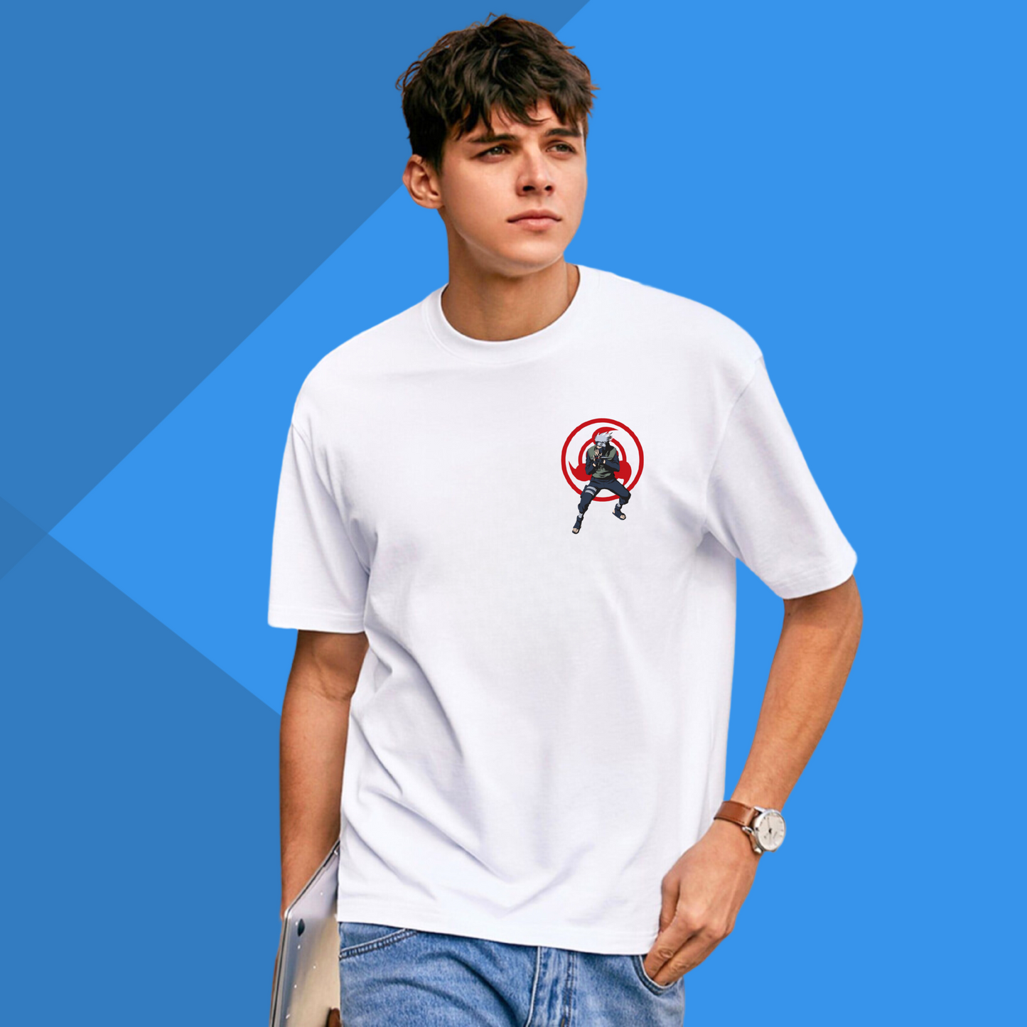 Action KAKASHI2 Printed Men's White T-Shirt - Men's Anime Back Side Printed T-Shirt