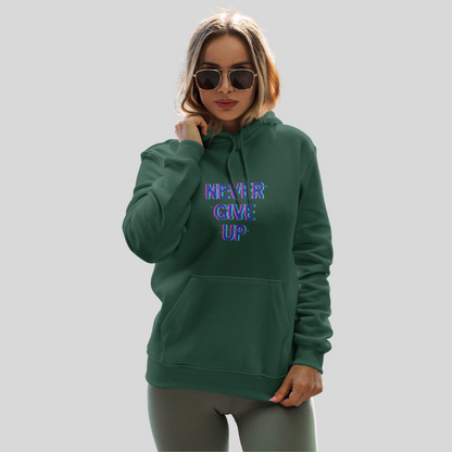 Stay Motivated with the "Never Give Up" Printed Green Hoodie for Women