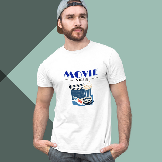 Get Ready for Movie Night with Our "Movie Night" Printed Men's White T-Shirt!