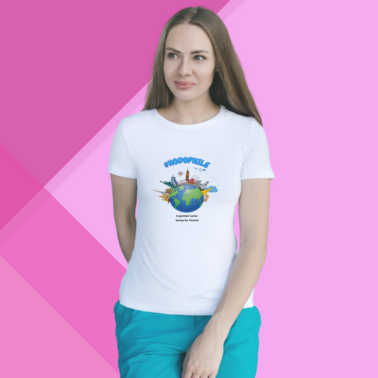 "Show Your Love for Travel with This Women's '#HODOPHILE' Printed White T-Shirt"