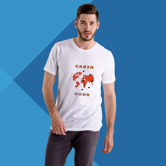 "Join the Movement for a Sustainable Future with Our Men's 'Earth Hours' Printed White T-Shirt"