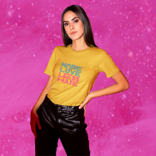 Spread Love and Positivity with Women's "More Love Hate Less" Printed Yellow T-Shirt