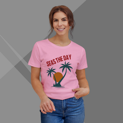 "Embrace the Coastal Spirit: 'Seas The Day' Printed Pink T-Shirt for Women"