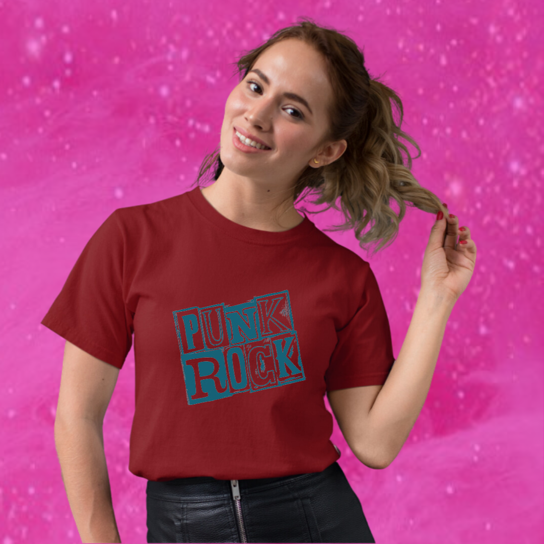 "Rock Your Style with Our Women's 'Punk Rock' Printed Maroon T-shirt!"