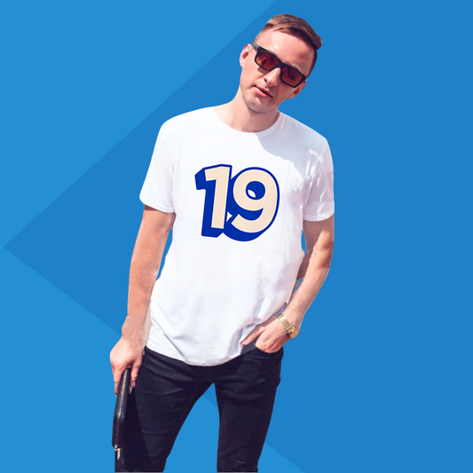 Number 19 white printed t-shirt for men front