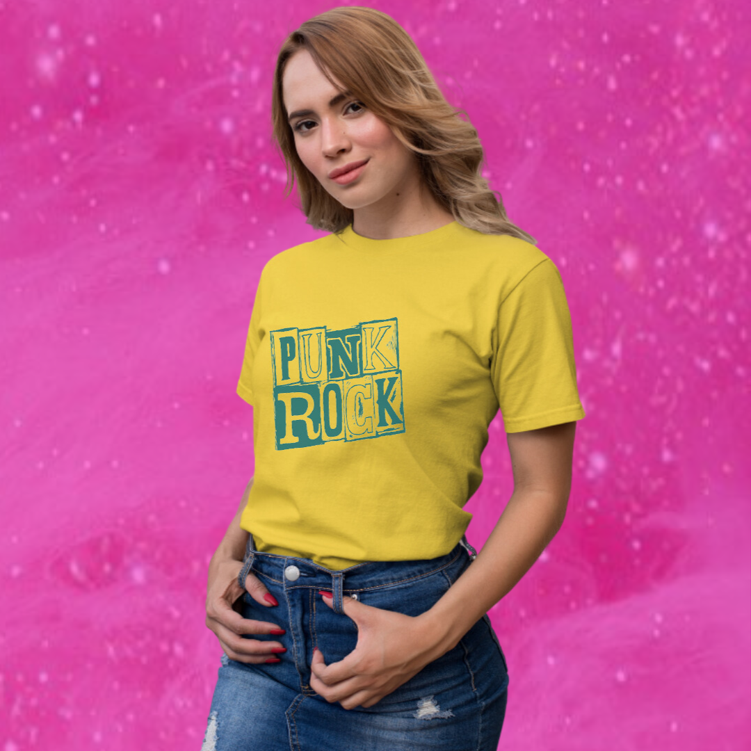 "Rock Your Style with Our Women's 'Punk Rock' Printed Yellow T-shirt!"