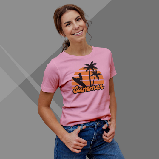 "Embrace Summer Vibes: 'Summer' Beach Printed Pink T-Shirt for Women"