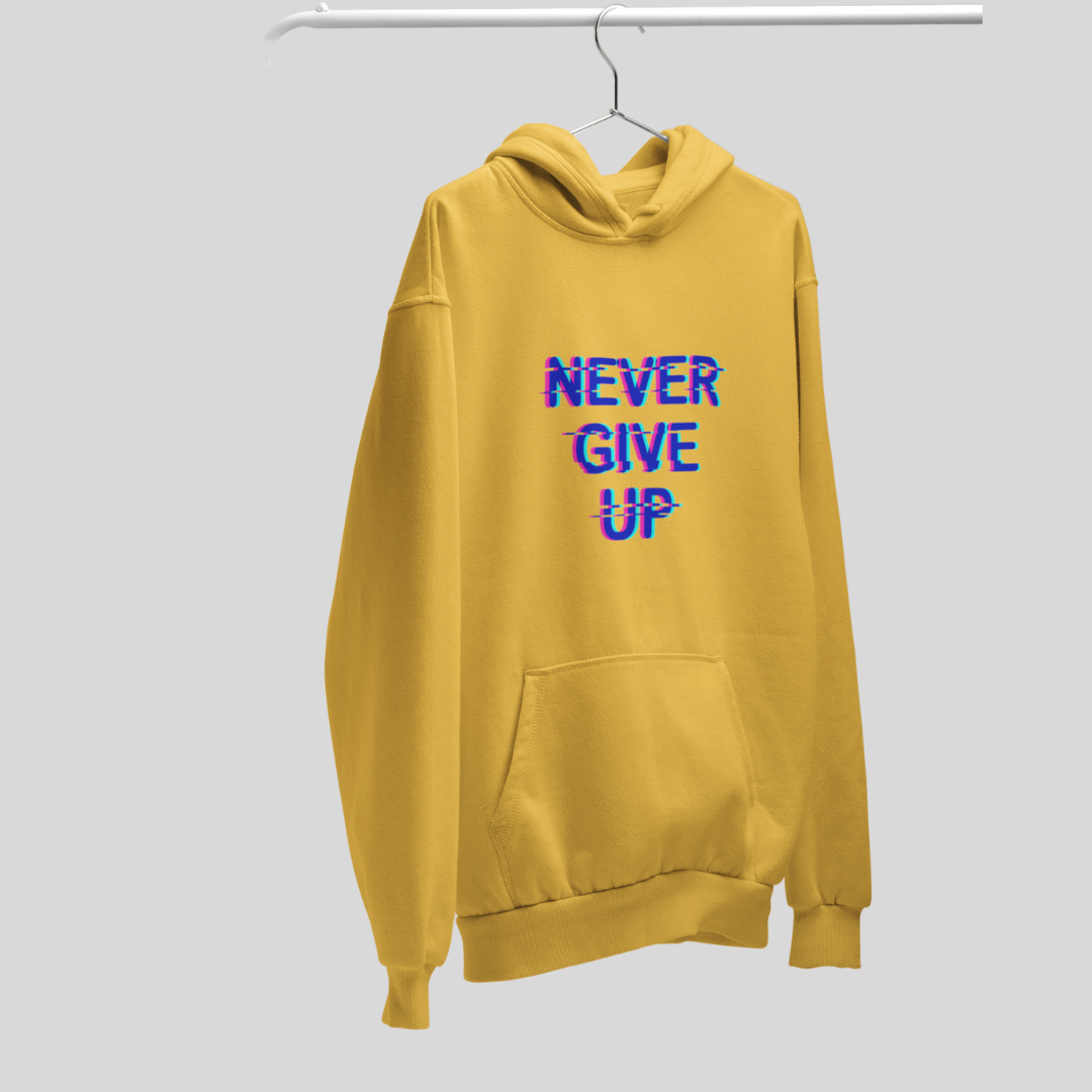 Stay Motivated with the "Never Give Up" Printed Men's Yellow Hoodie!