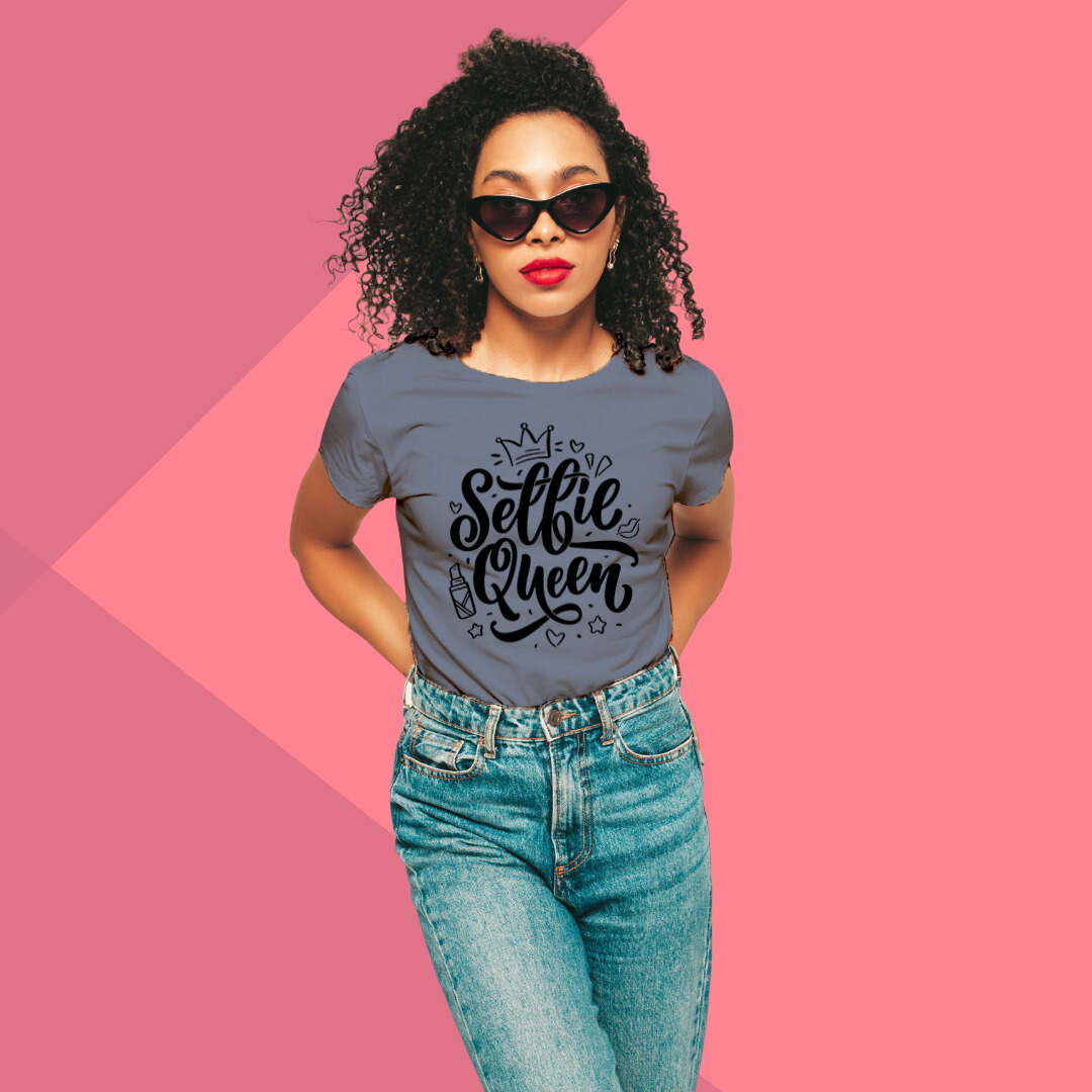 "Strike a Pose: 'Selfie Queen' Printed Grey T-Shirt for Women"