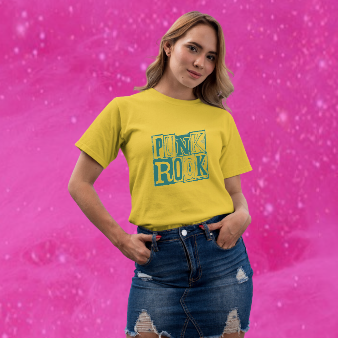 "Rock Your Style with Our Women's 'Punk Rock' Printed Yellow T-shirt!"