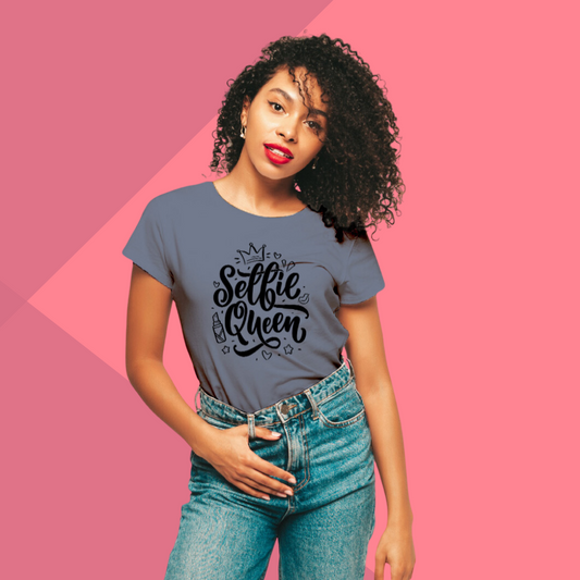 "Strike a Pose: 'Selfie Queen' Printed Grey T-Shirt for Women"