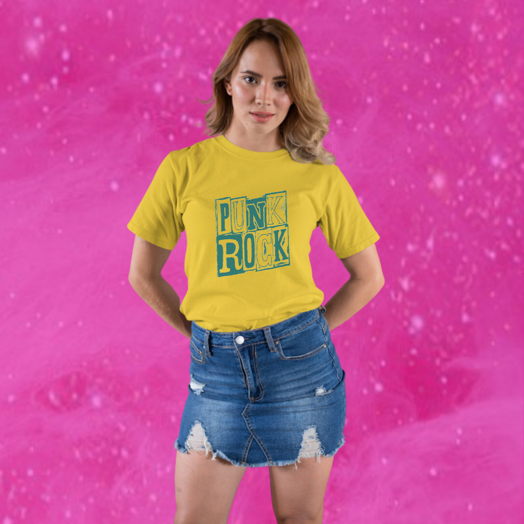 "Rock Your Style with Our Women's 'Punk Rock' Printed Yellow T-shirt!"