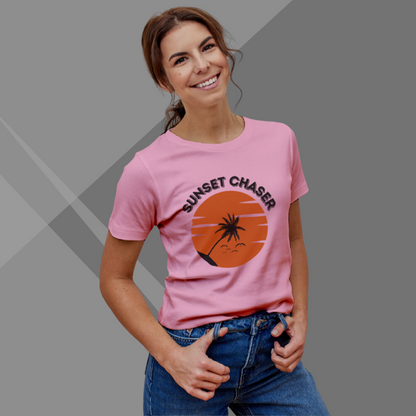 "Chase the Beauty of Sunsets: 'Sunset Chaser' Printed Pink T-Shirt for Women"