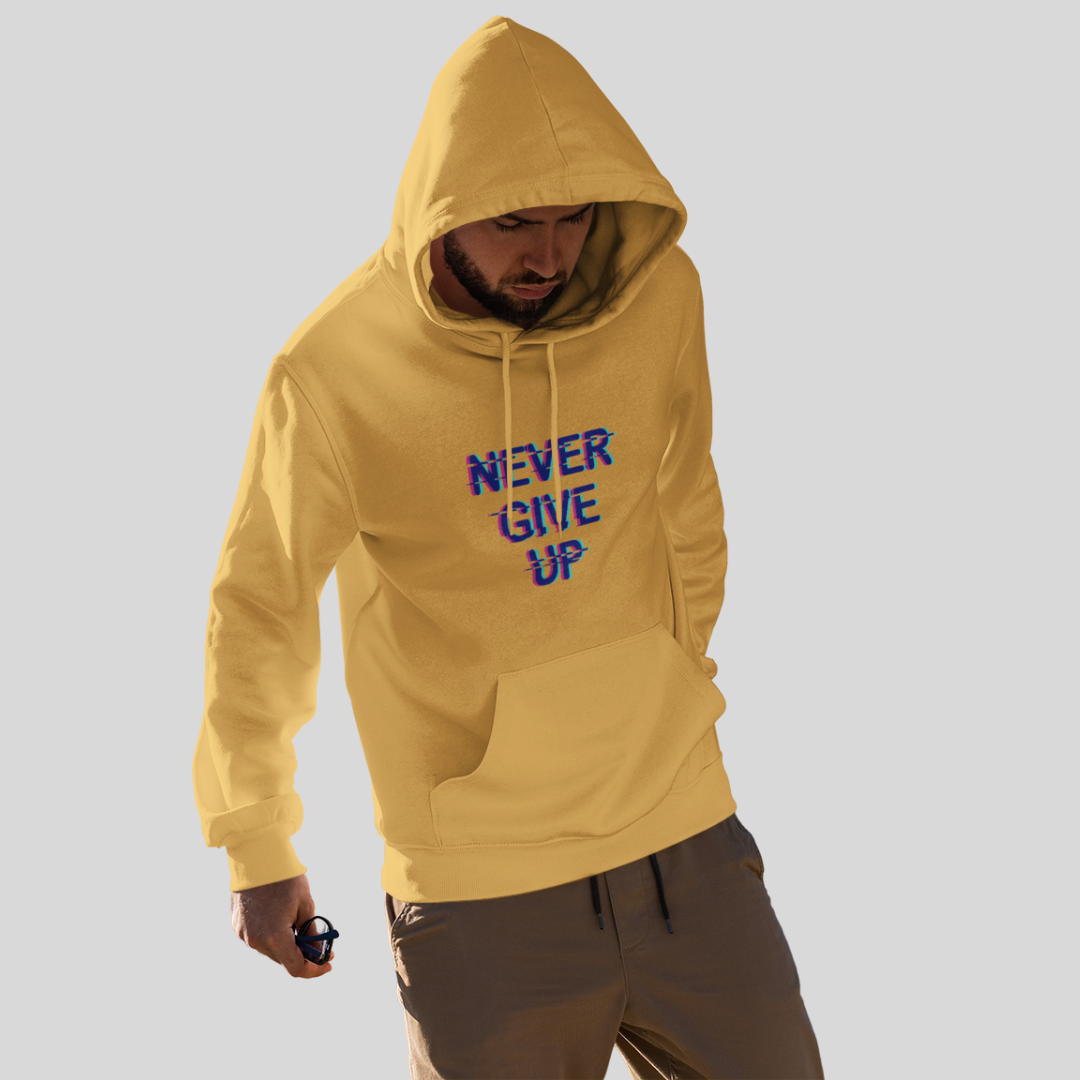 Stay Motivated with the "Never Give Up" Printed Men's Yellow Hoodie!