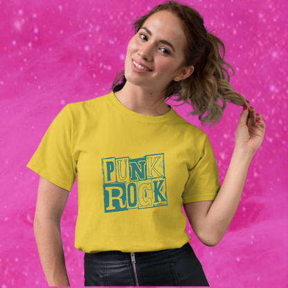 "Rock Your Style with Our Women's 'Punk Rock' Printed Yellow T-shirt!"