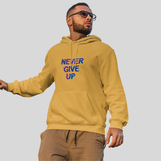 Stay Motivated with the "Never Give Up" Printed Men's Yellow Hoodie!