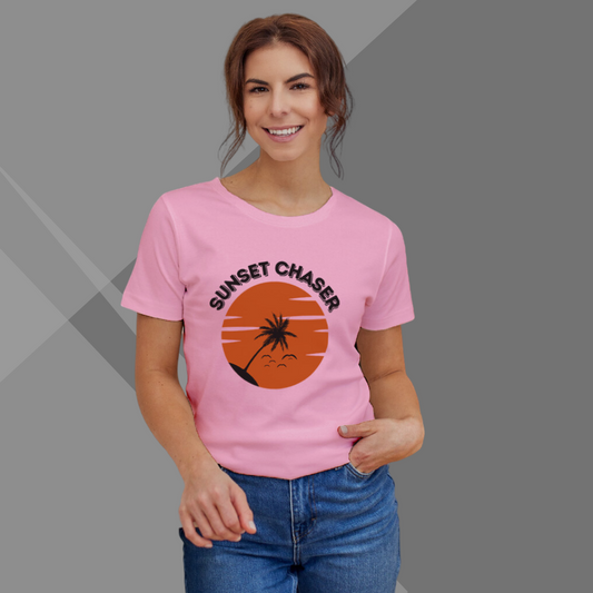 "Chase the Beauty of Sunsets: 'Sunset Chaser' Printed Pink T-Shirt for Women"