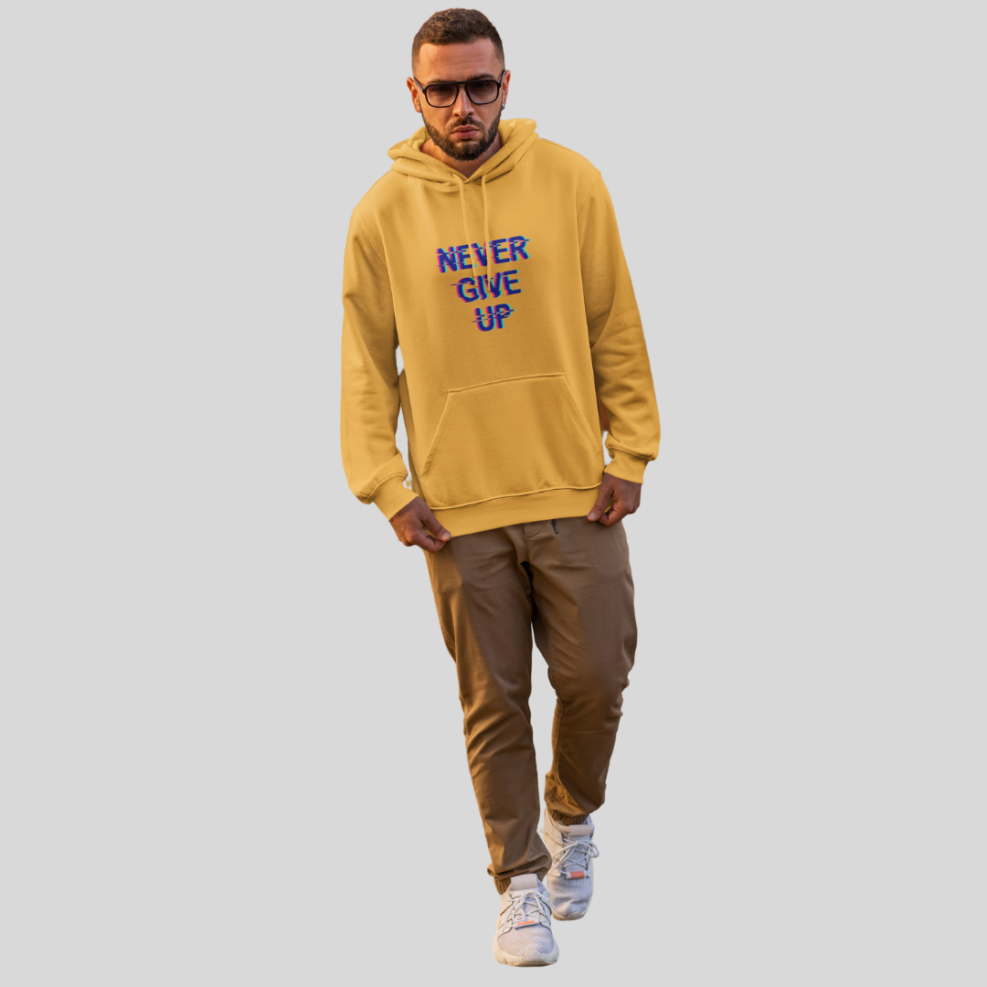 Stay Motivated with the "Never Give Up" Printed Men's Yellow Hoodie!