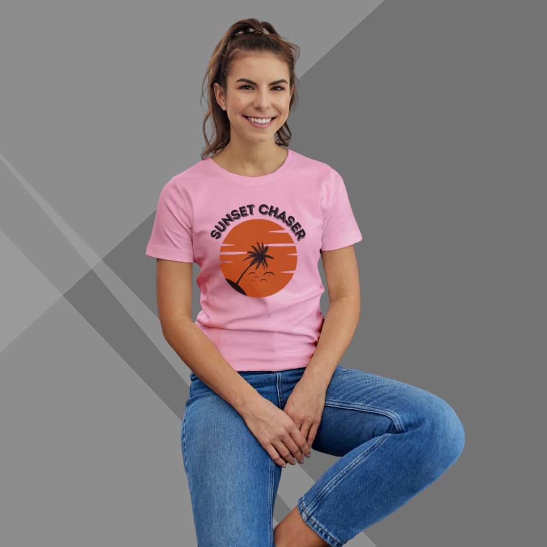 "Chase the Beauty of Sunsets: 'Sunset Chaser' Printed Pink T-Shirt for Women"