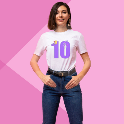 Number 10 white printed t-shirt for women front