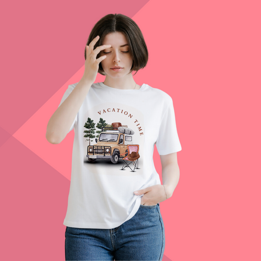 Vacation Time Printed Women's White T-Shirt - Travel T-Shirt for Women