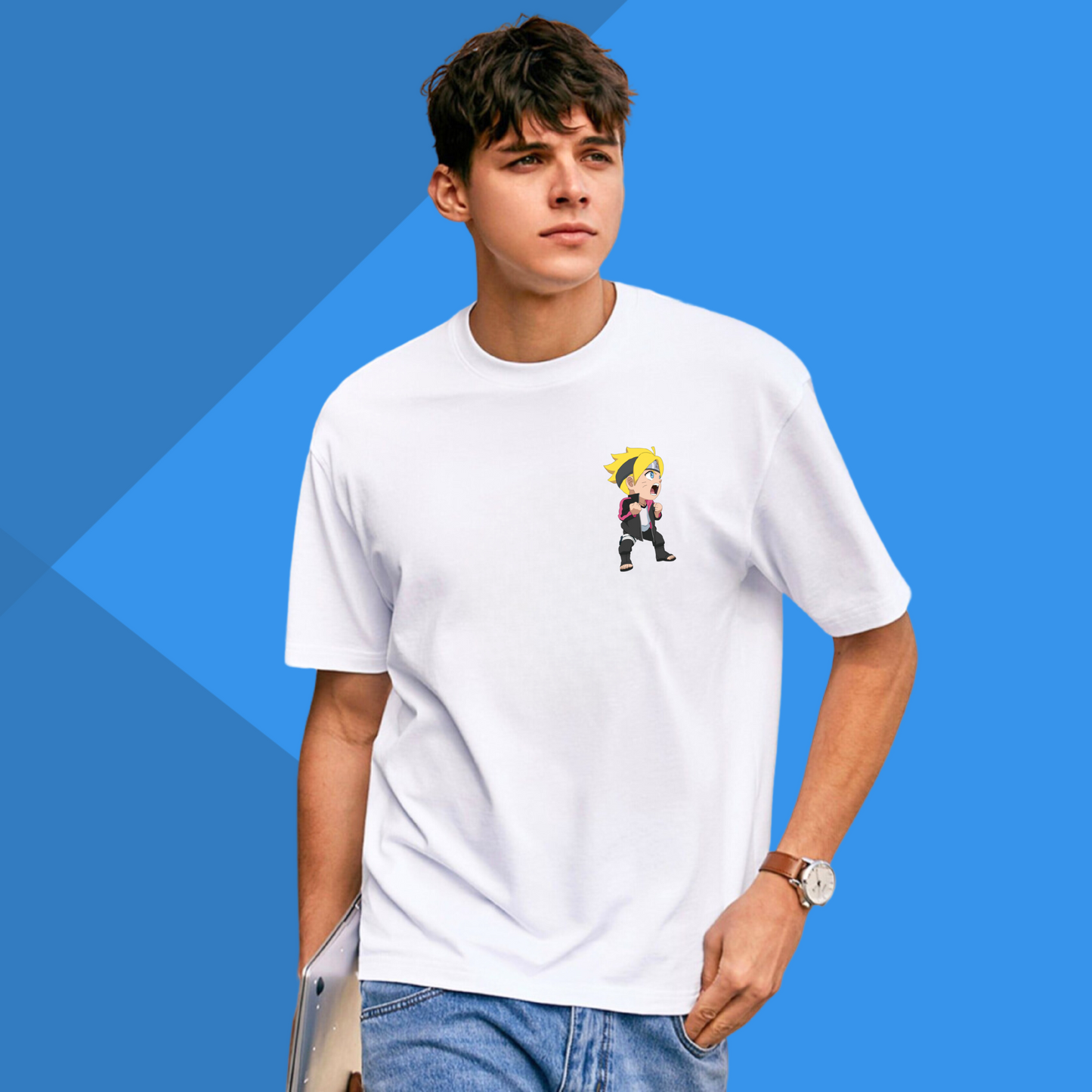 Angry Boruto2 Printed Men's White T-Shirt - Back Side Printed Anime T-Shirt