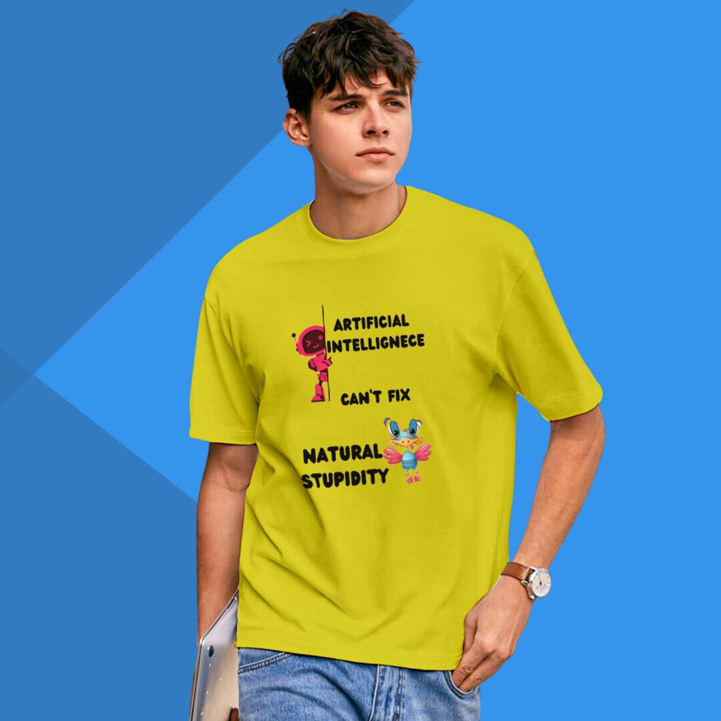 Artificial Intelligence can't fix Natural Stupidity Printed Men's Yellow T-Shirt