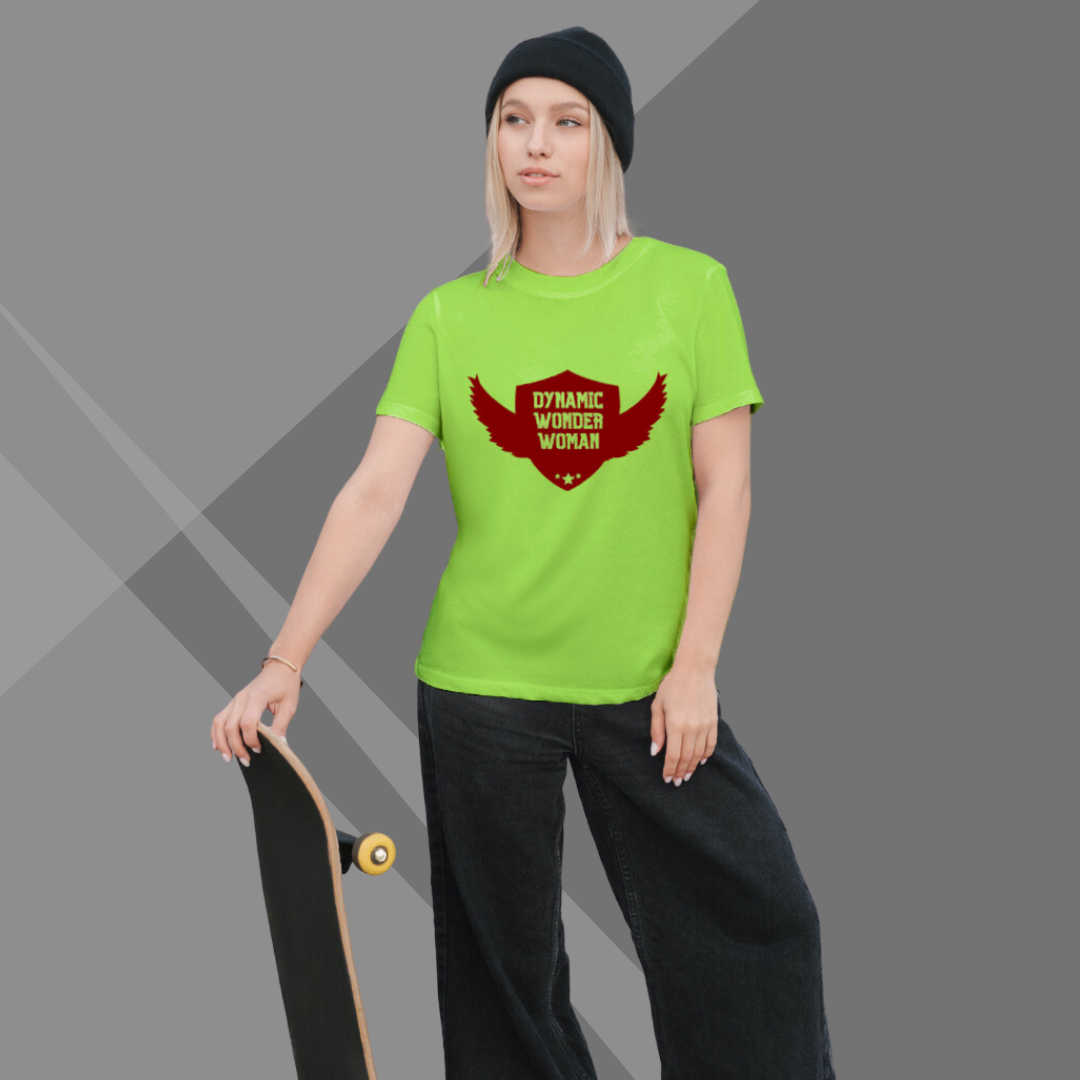 "Unleash Your Power with 'Dynamic Wonder Women' Printed Green T-Shirt"