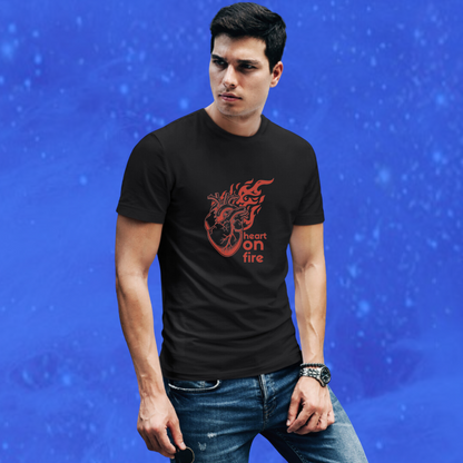 Set Your Heart on Fire with Men's "Heart on Fire" Printed Black T-shirt!