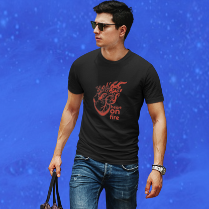 Set Your Heart on Fire with Men's "Heart on Fire" Printed Black T-shirt!