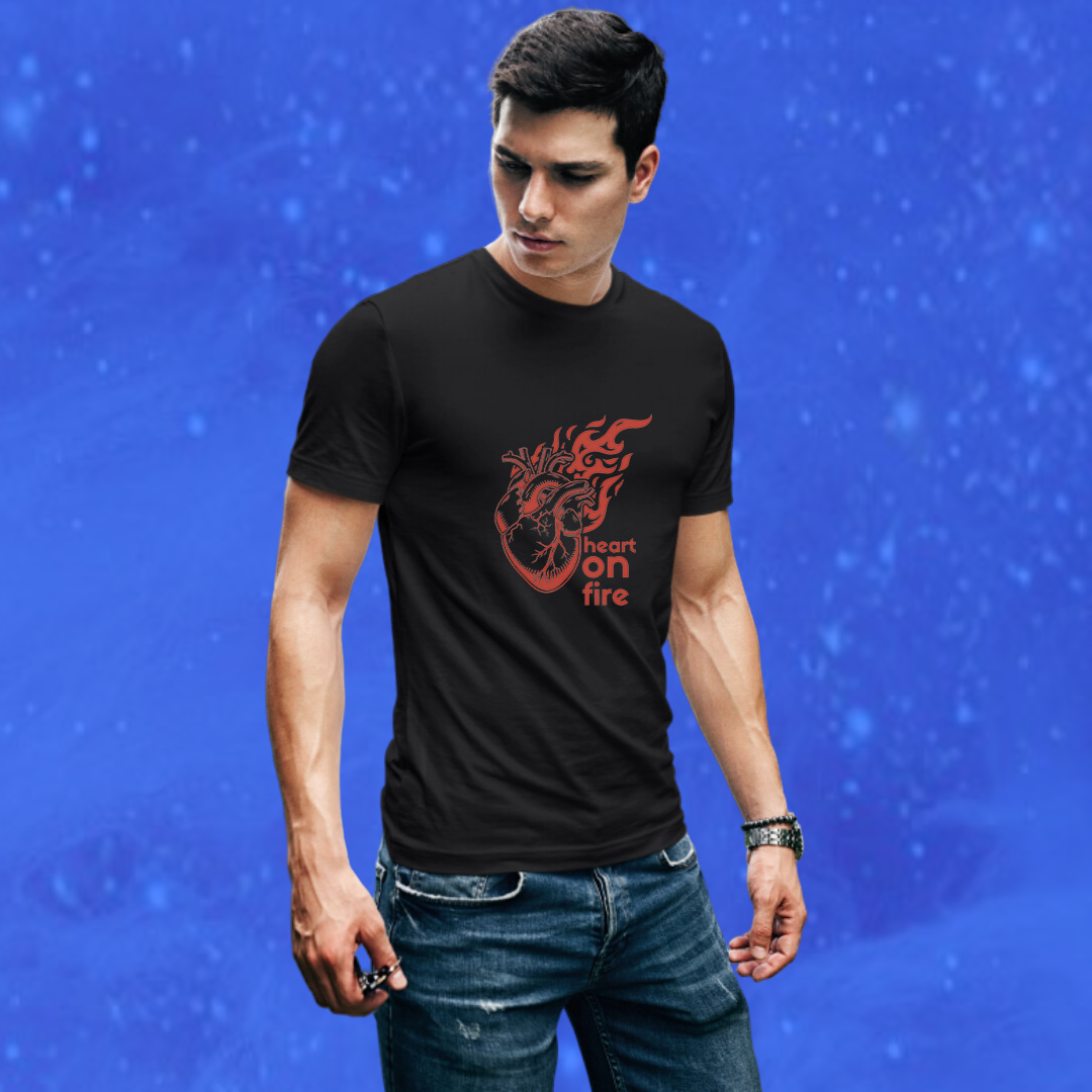 Set Your Heart on Fire with Men's "Heart on Fire" Printed Black T-shirt!