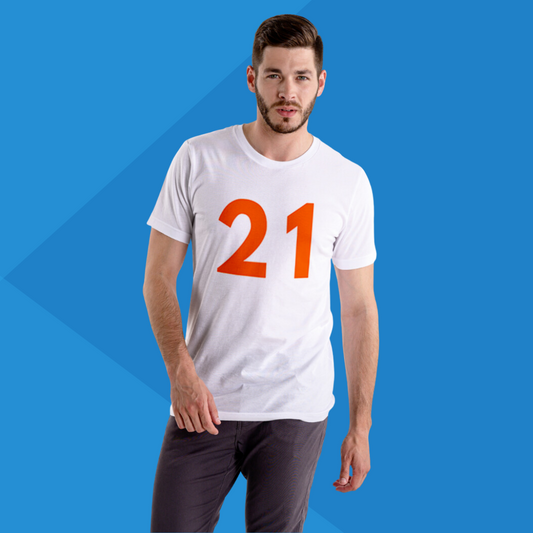 Number 21 white printed t-shirt for men front