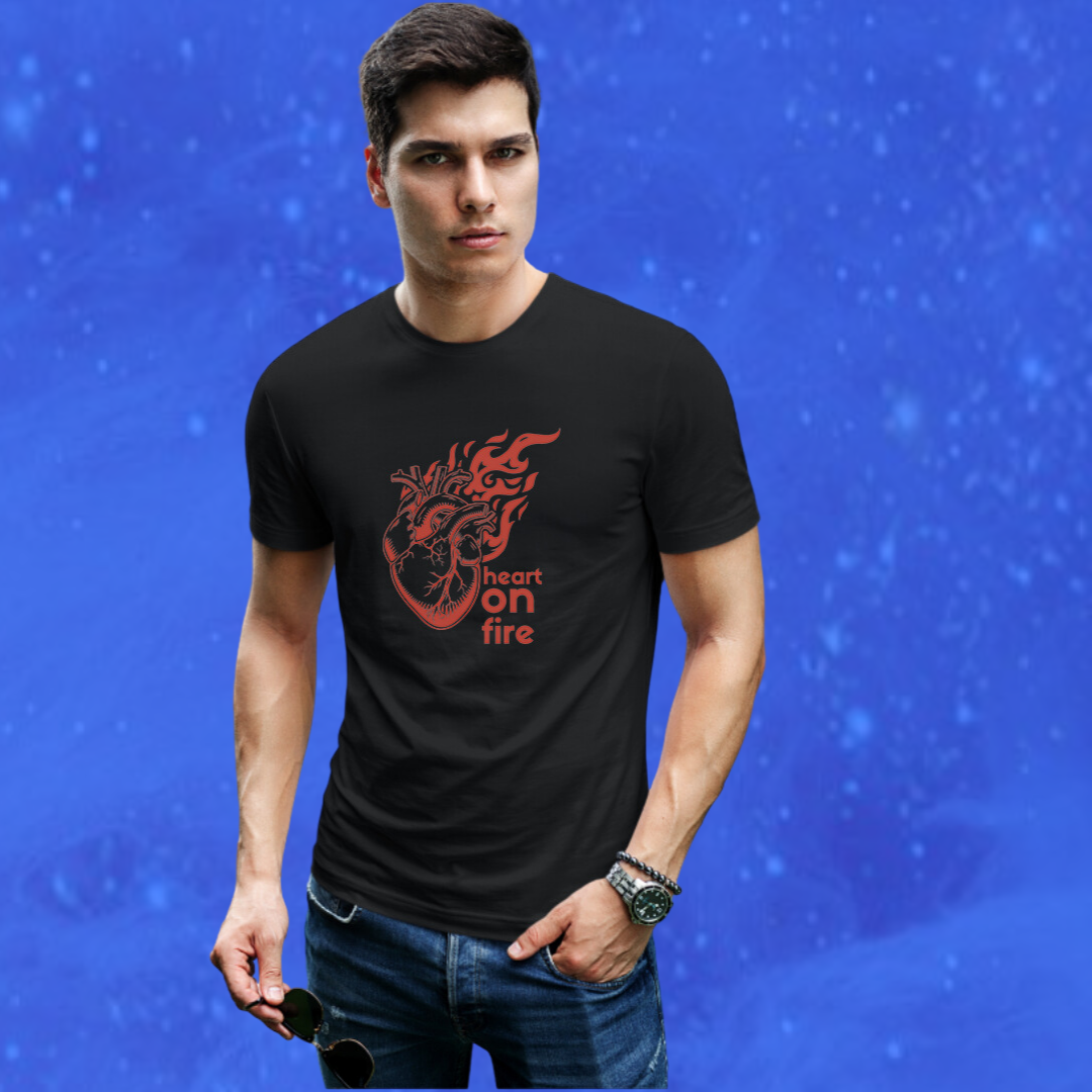 Set Your Heart on Fire with Men's "Heart on Fire" Printed Black T-shirt!