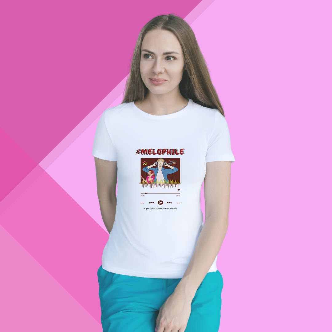 "Celebrate Your Love for Music with '#MELOPHILE' Printed Women's White T-Shirt"