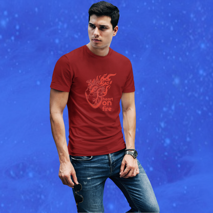 Set Your Heart on Fire with Men's "Heart on Fire" Printed Maroon T-shirt!