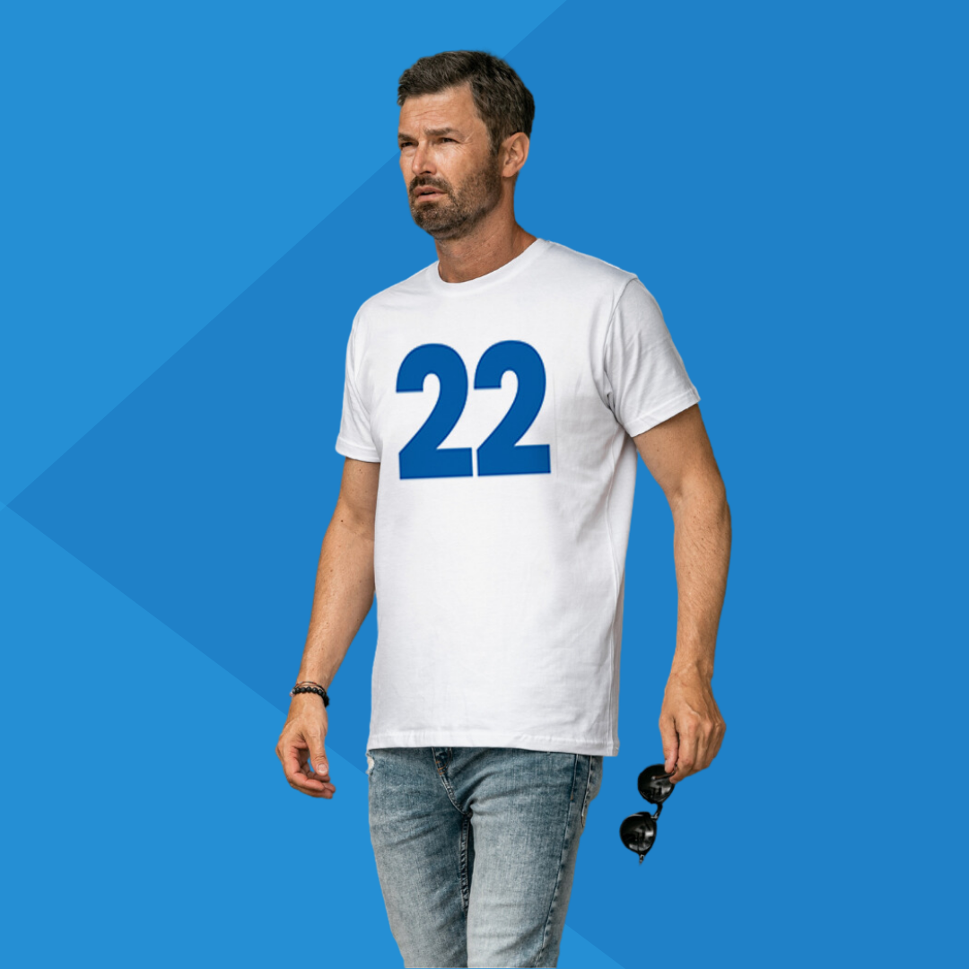 Number 22 white printed t-shirt for men half sleeves front