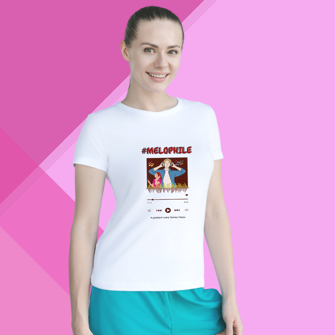 "Celebrate Your Love for Music with '#MELOPHILE' Printed Women's White T-Shirt"