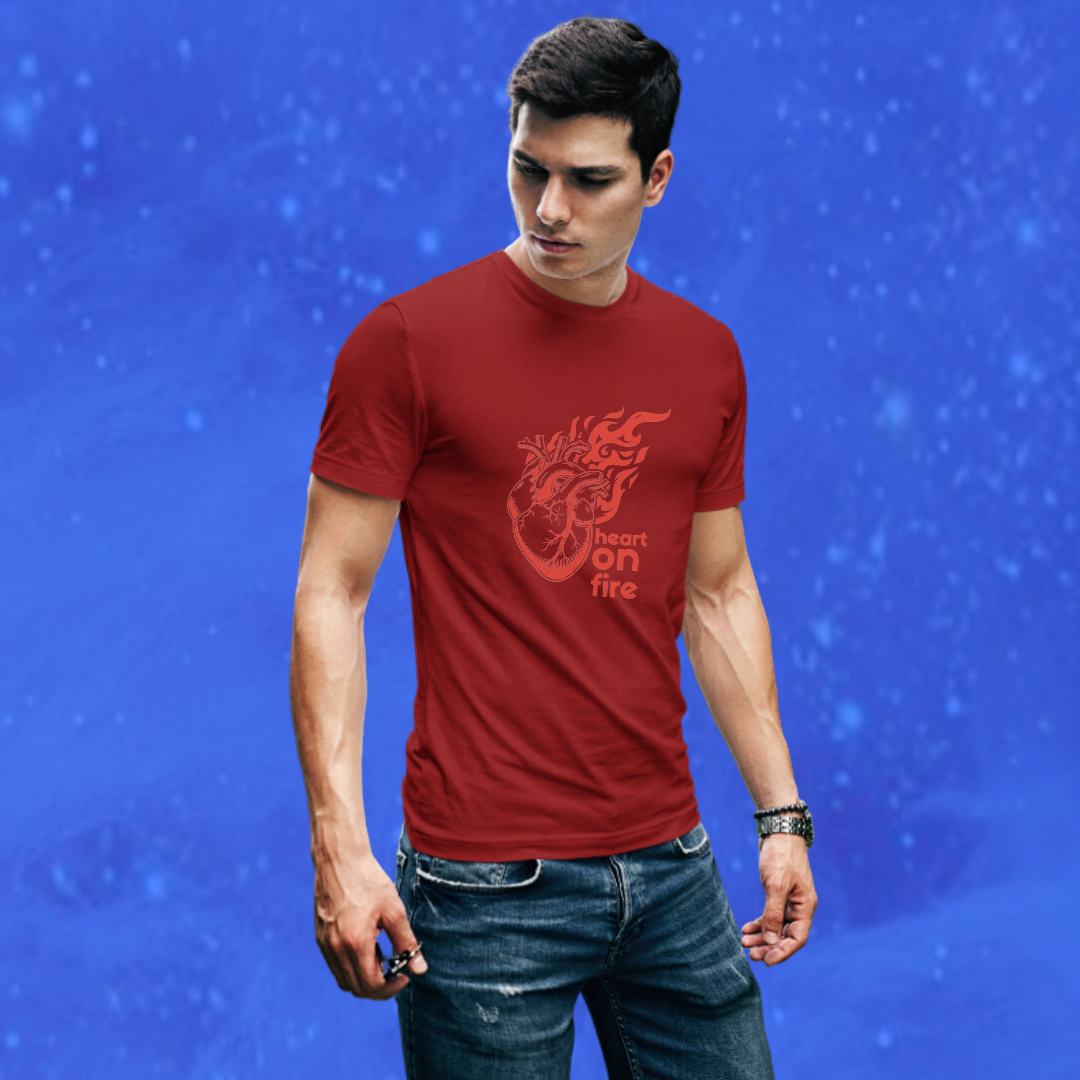 Set Your Heart on Fire with Men's "Heart on Fire" Printed Maroon T-shirt!