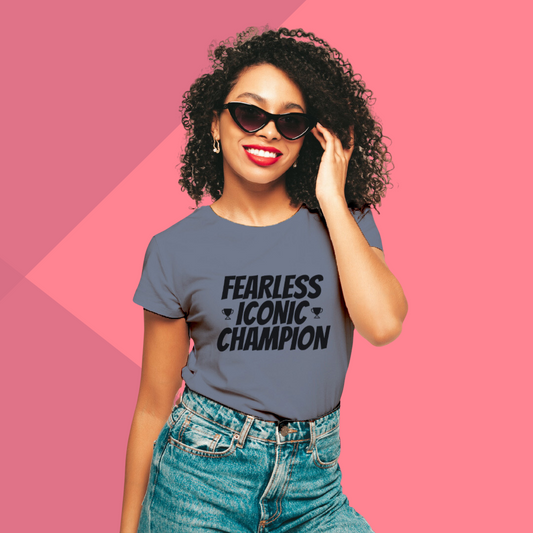 "Embrace Your Fearless Iconic Champion with Printed Women's Grey T-Shirt"