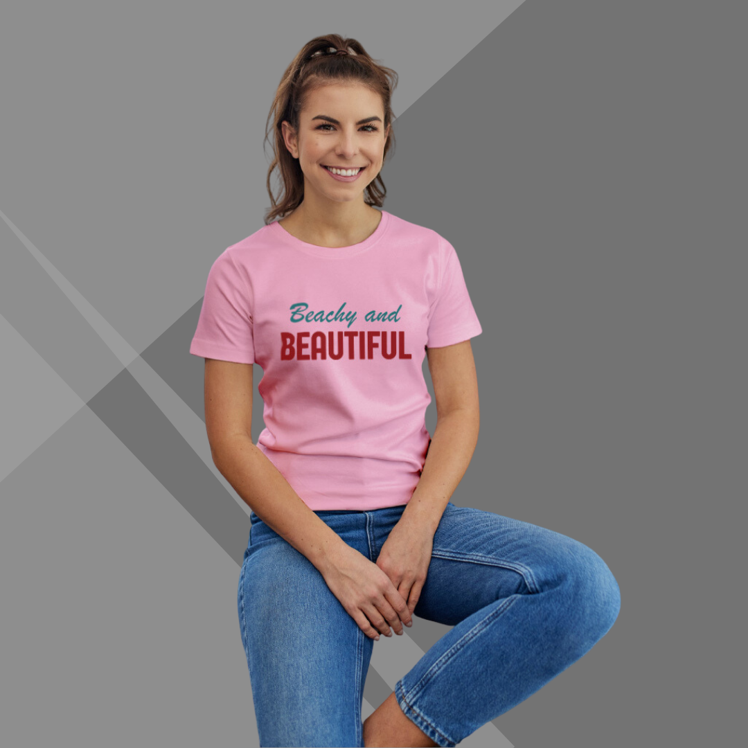 "Radiate Charm: 'Beachy and Beautiful' Printed Pink T-Shirt for Women"