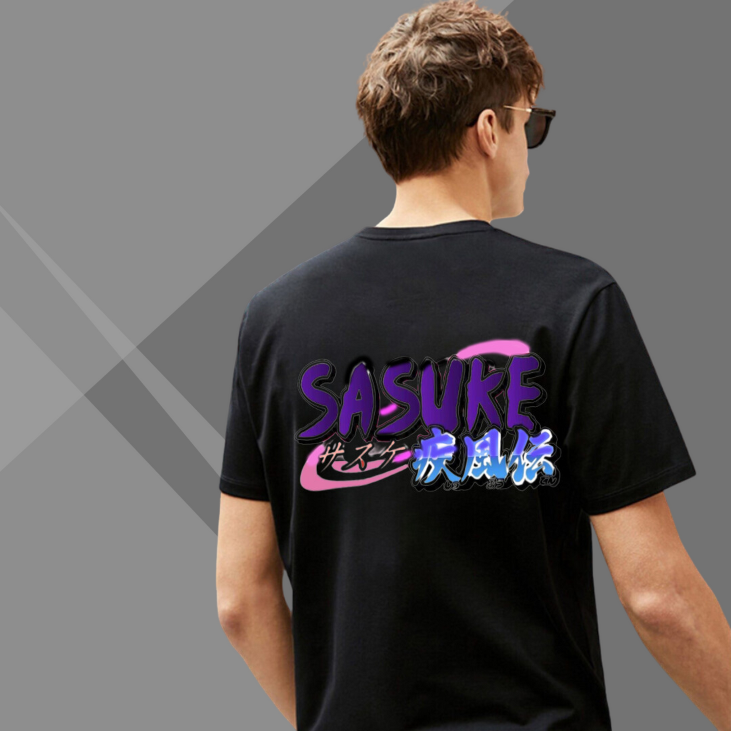 SASUKE Anime Printed Men's Black T-Shirt - Cute SASUKE Back Side Printed T-Shirt