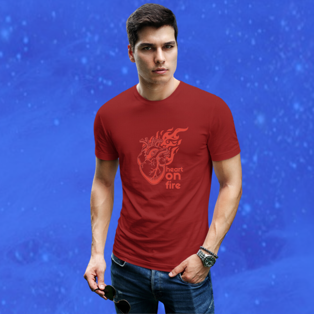 Set Your Heart on Fire with Men's "Heart on Fire" Printed Maroon T-shirt!