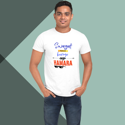 Make a Statement with "Swagat Nahi Karoge Hamara" Printed Men's White T-Shirt