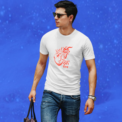 Set Your Heart on Fire with Men's "Heart on Fire" Printed White T-shirt!