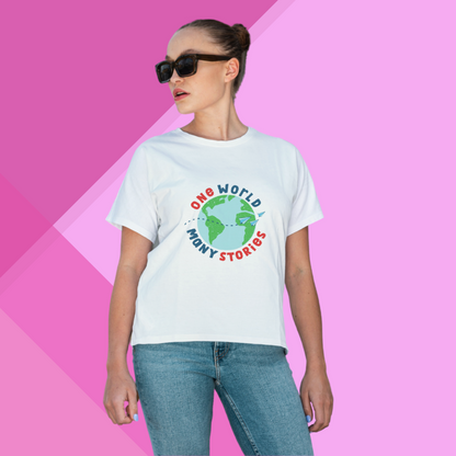 "Celebrate Diversity with 'One World Many Stories' Printed Women's White T-Shirt"