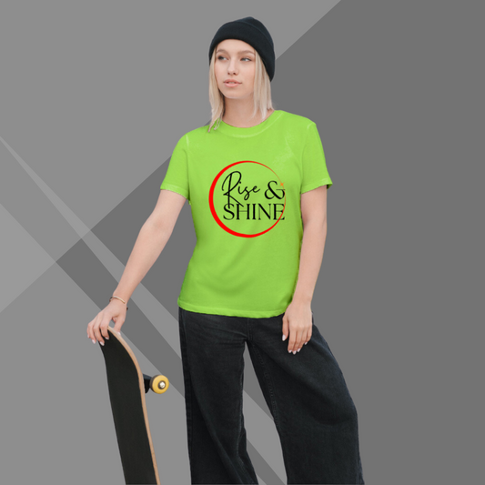 "Start Your Day Bright with our Women's 'Rise & Shine' Printed Green T-Shirt"