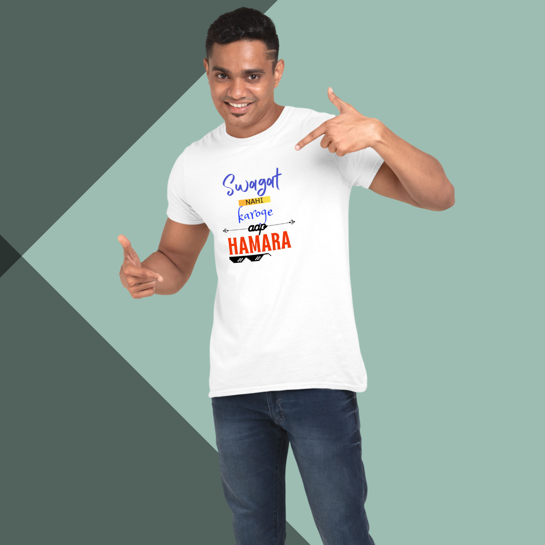 Make a Statement with "Swagat Nahi Karoge Hamara" Printed Men's White T-Shirt